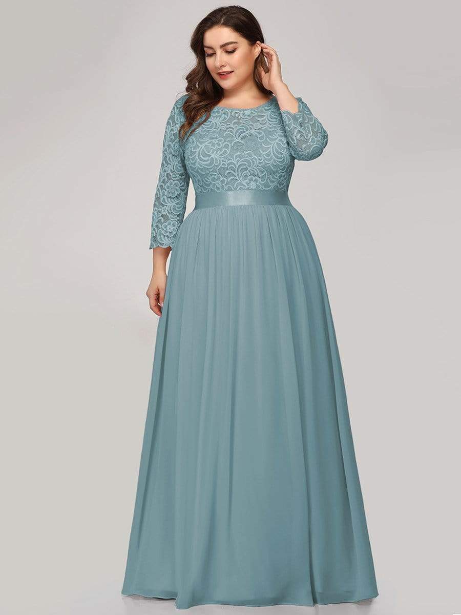 Plus Size 3/4 Sleeve Lace Dress #color_Light Teal