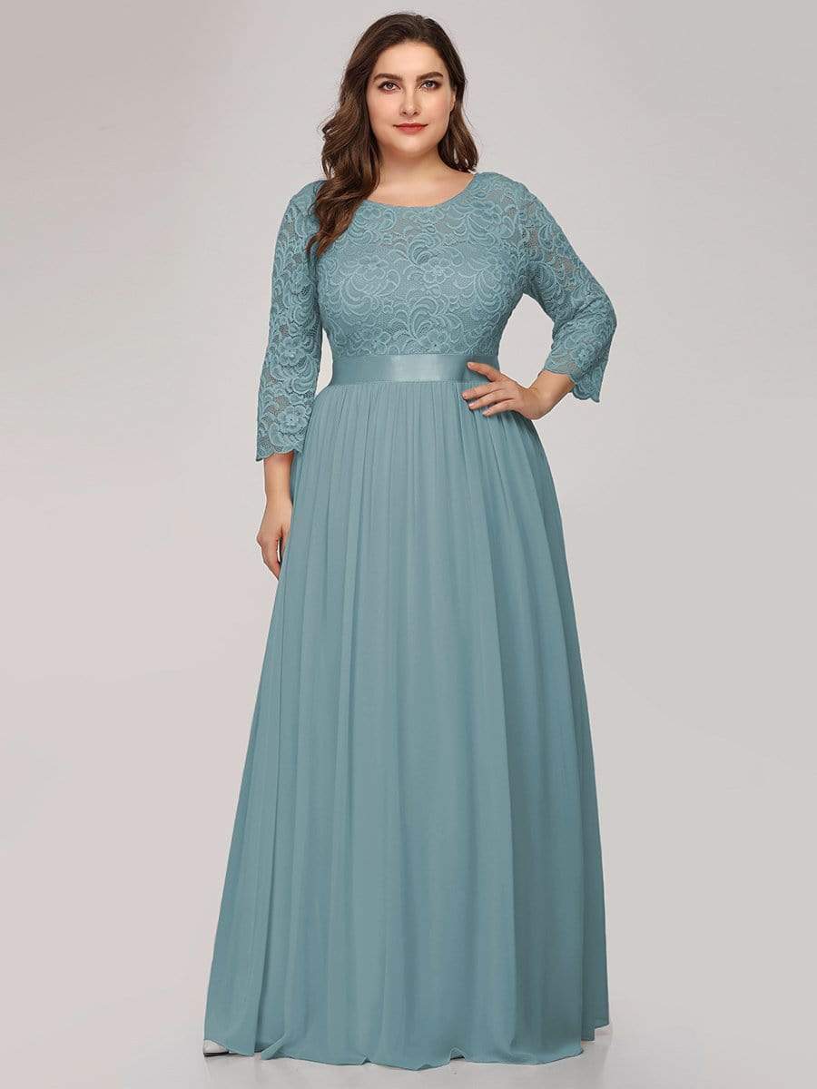 Plus Size 3/4 Sleeve Lace Dress #color_Light Teal