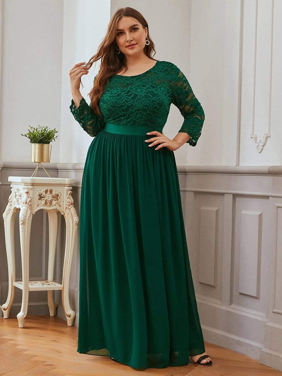 Plus Size 3/4 Sleeve Lace Dress #color_Dark Green