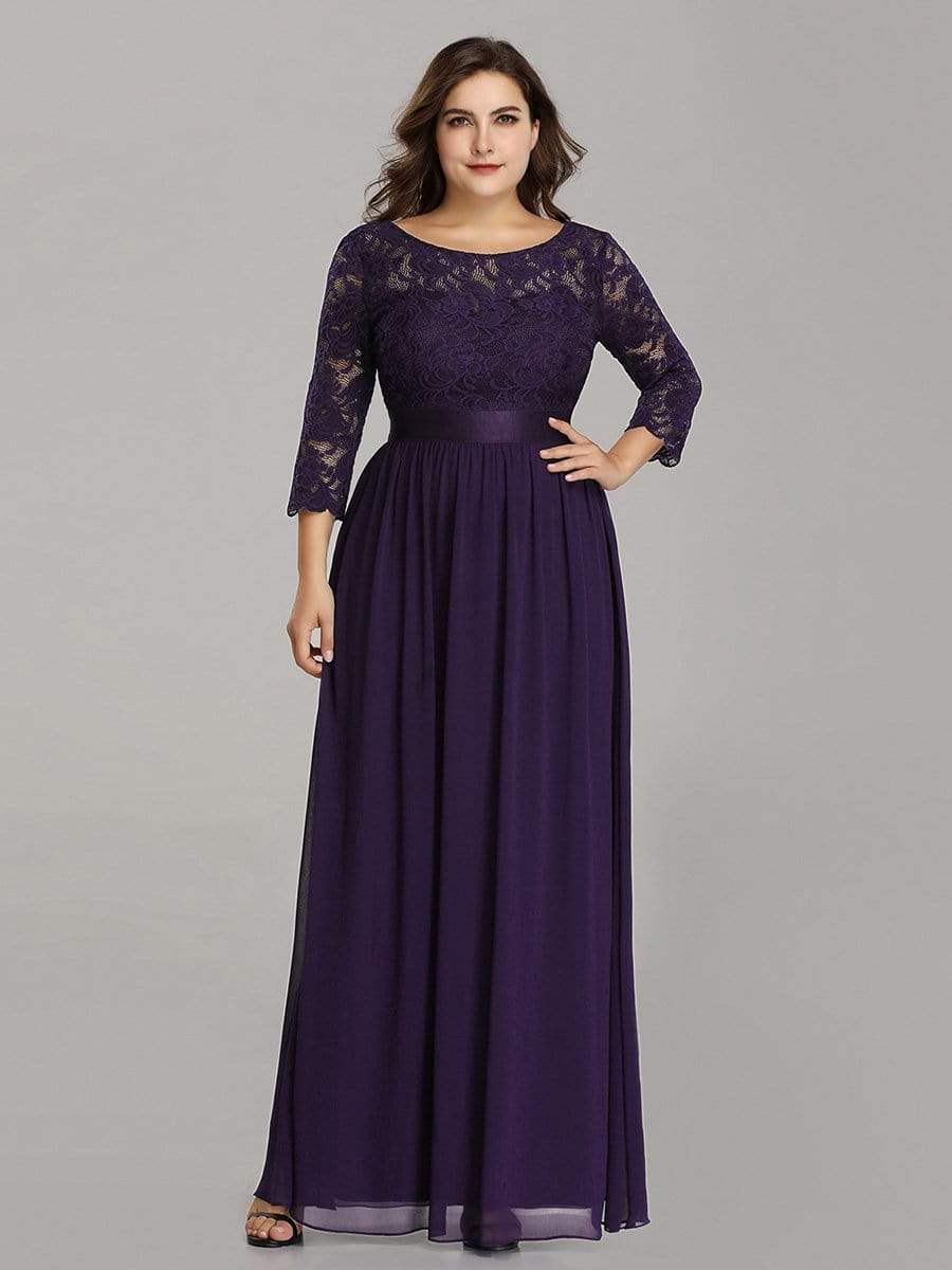 Plus Size 3/4 Sleeve Lace Dress #color_Dark Purple