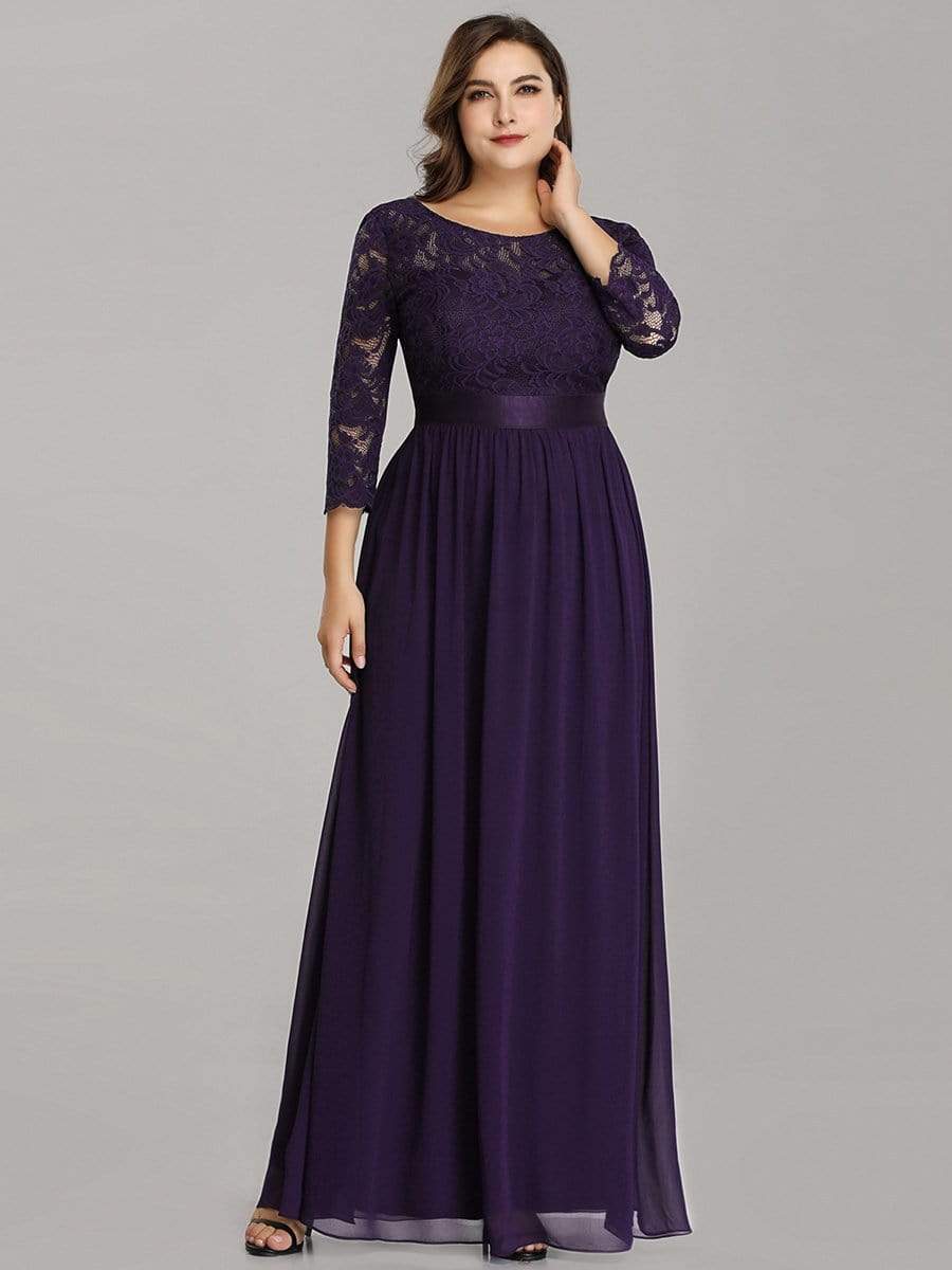 Plus Size 3/4 Sleeve Lace Dress #color_Dark Purple