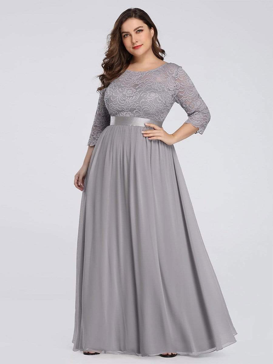 Plus Size 3/4 Sleeve Lace Dress #color_Grey