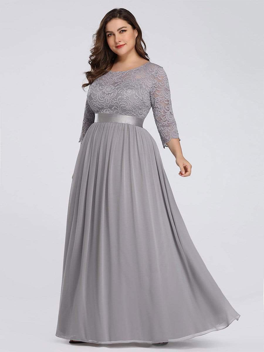 Plus Size 3/4 Sleeve Lace Dress #color_Grey