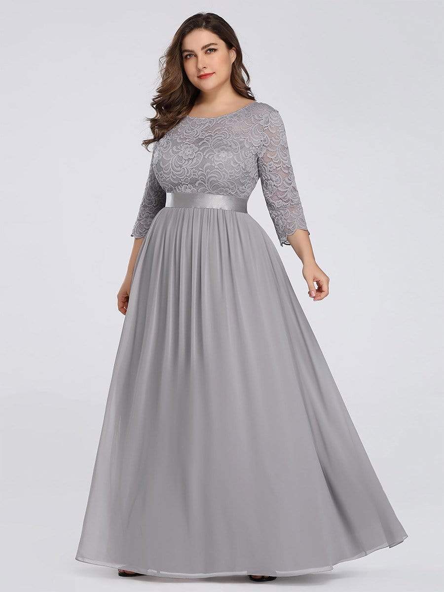 Plus Size 3/4 Sleeve Lace Dress #color_Grey