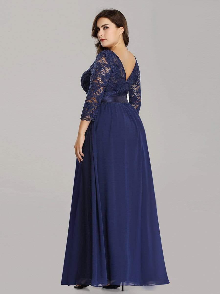 Plus Size 3/4 Sleeve Lace Dress #color_Navy Blue