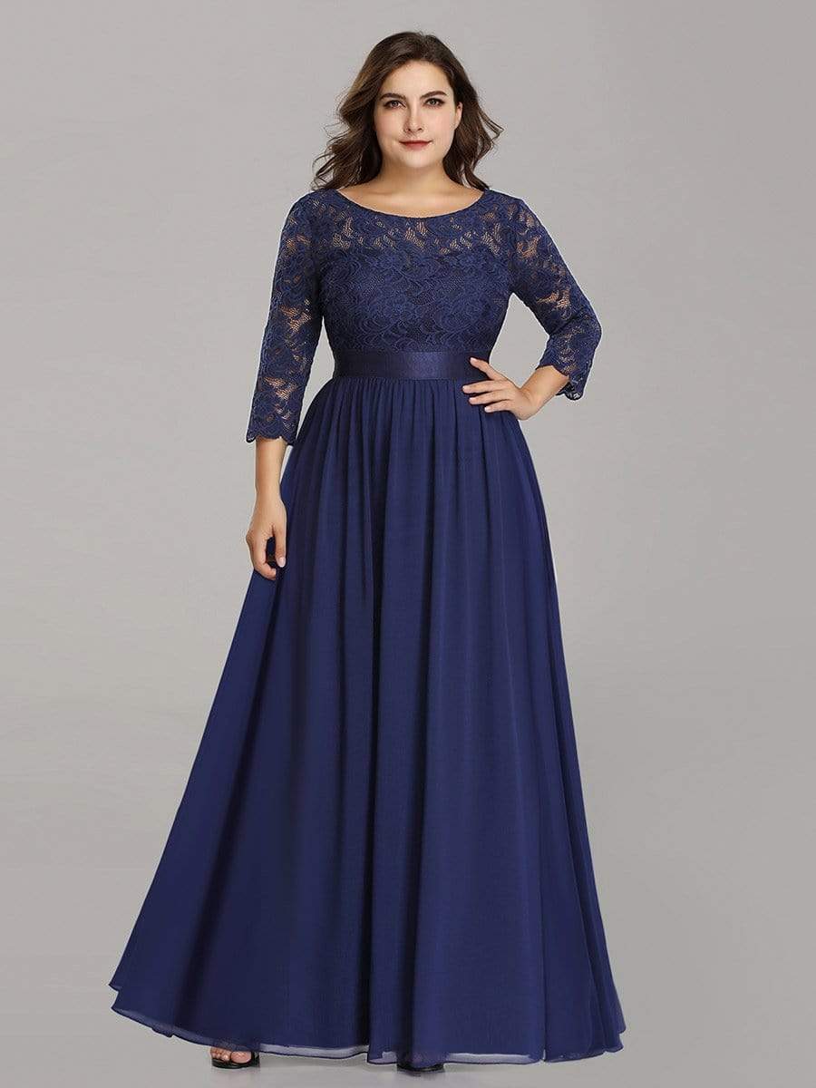 Plus Size 3/4 Sleeve Lace Dress #color_Navy Blue