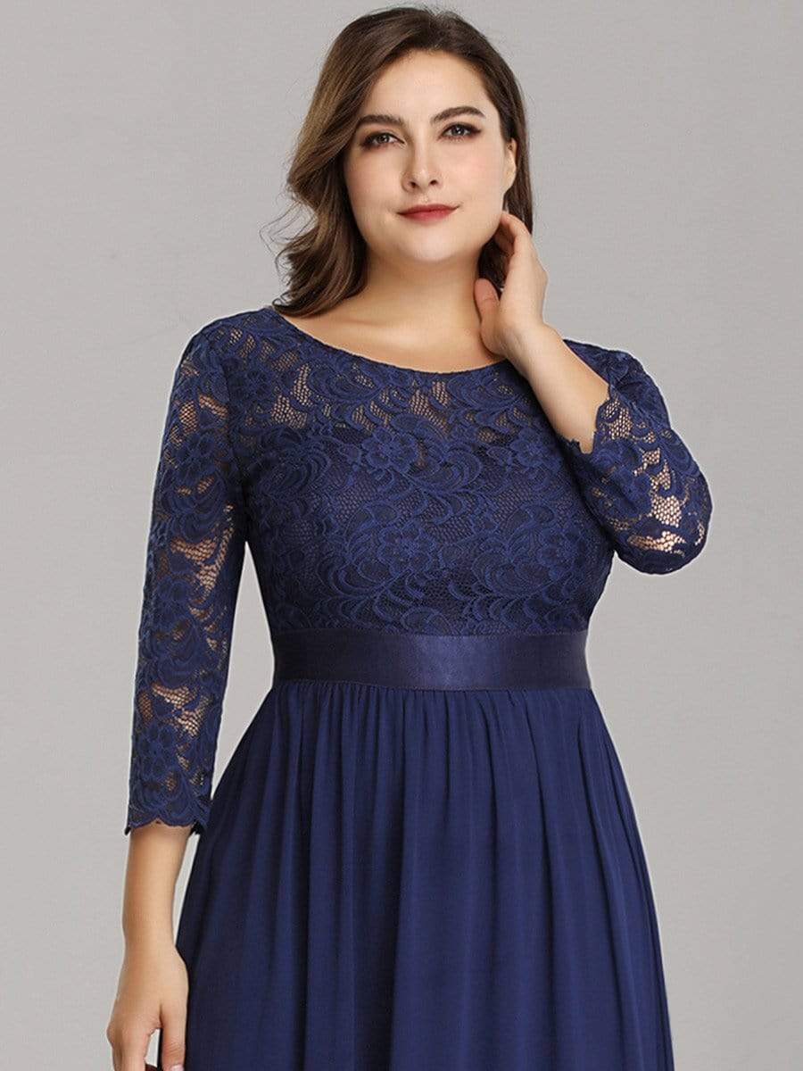 Plus Size 3/4 Sleeve Lace Dress #color_Navy Blue