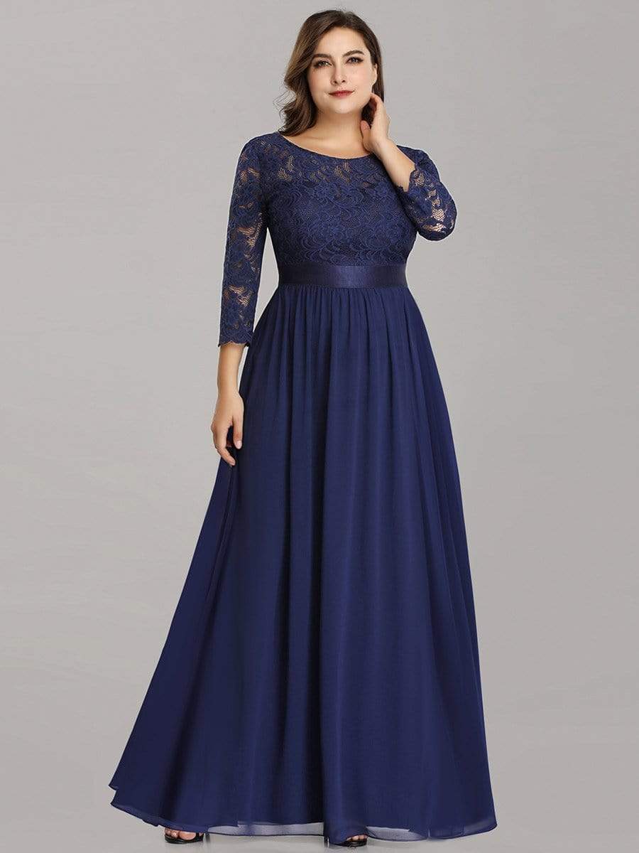 Plus Size 3/4 Sleeve Lace Dress #color_Navy Blue