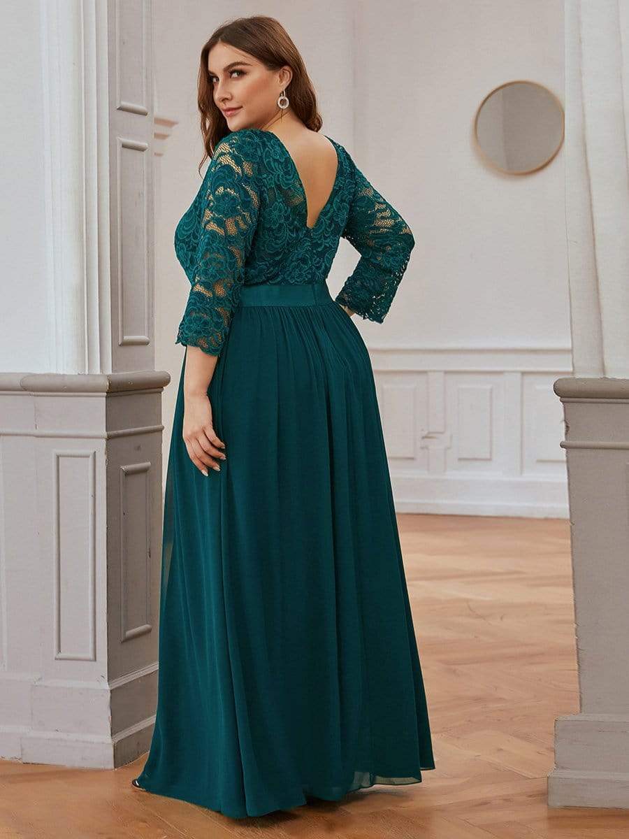 Plus Size 3/4 Sleeve Lace Dress #color_Teal