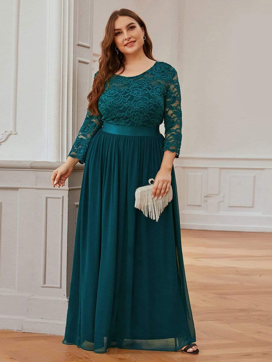 Plus Size 3/4 Sleeve Lace Dress #color_Teal