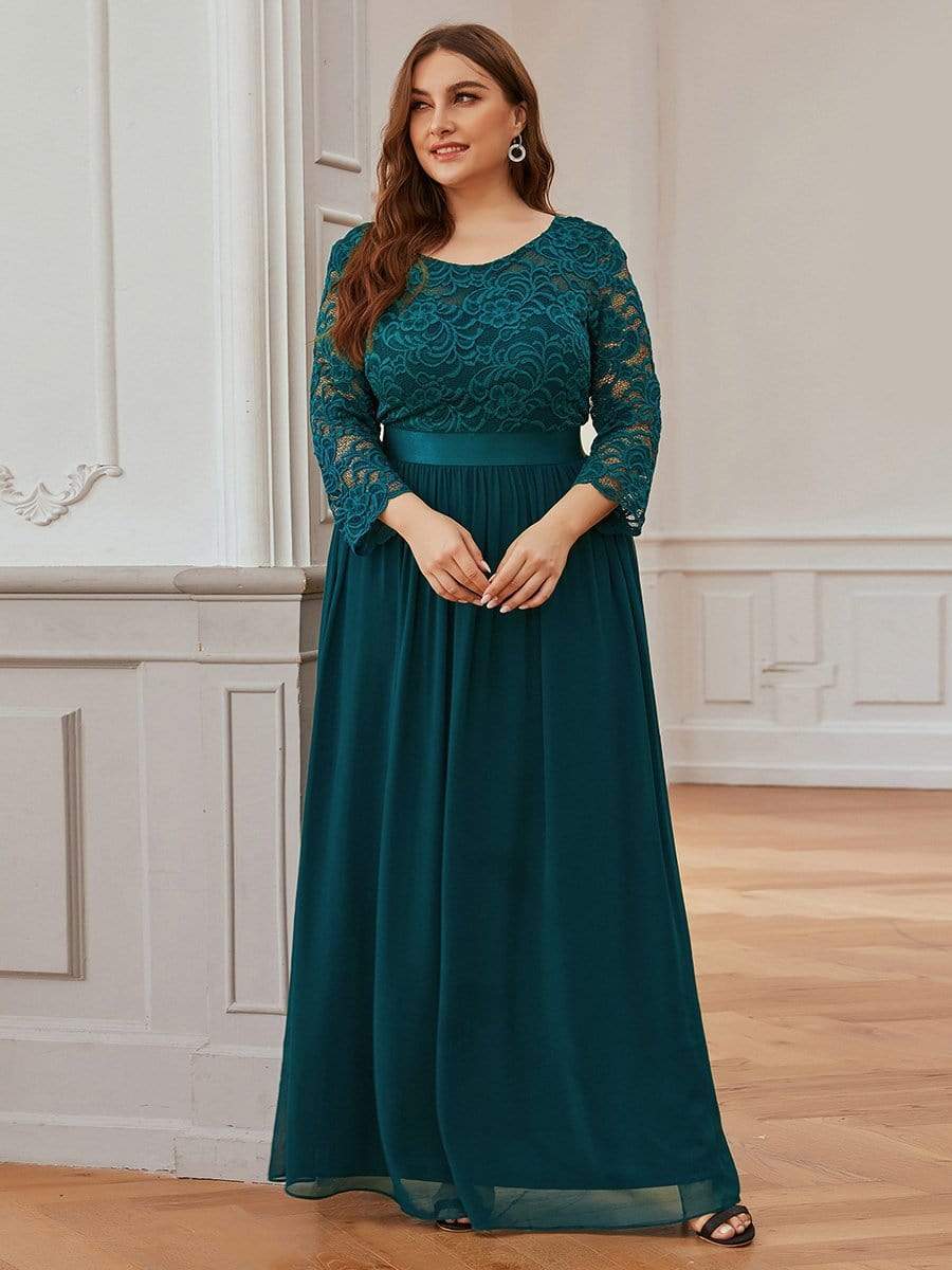 Plus Size 3/4 Sleeve Lace Dress #color_Teal