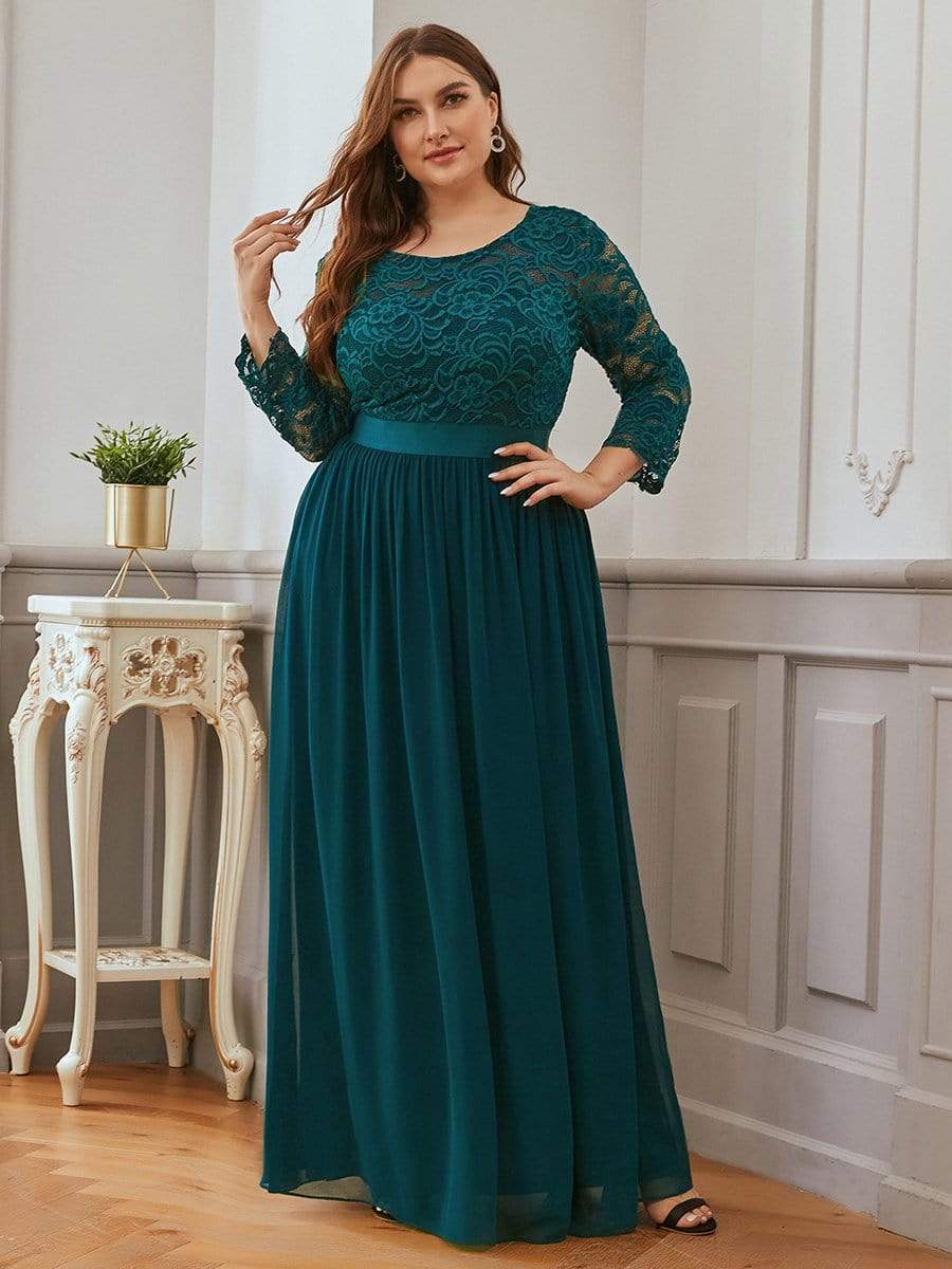 Plus Size 3/4 Sleeve Lace Dress #color_Teal