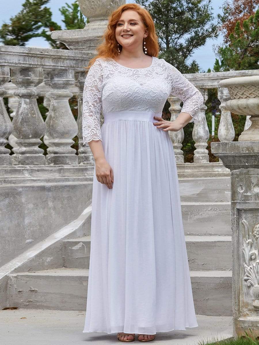 Plus Size 3/4 Sleeve Lace Dress #color_White