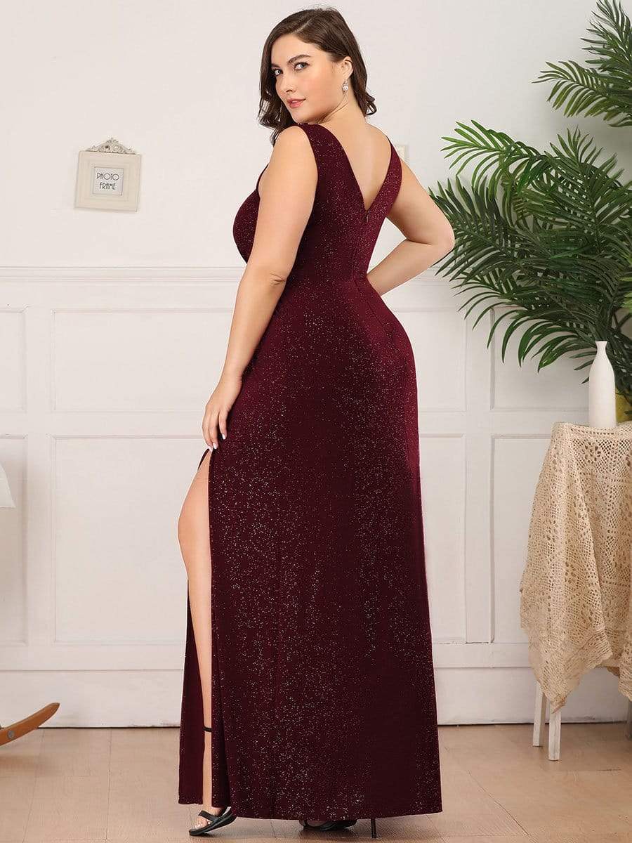 Plus Size Shiny V Neck Side Slit Maxi Dress #color_Burgundy 