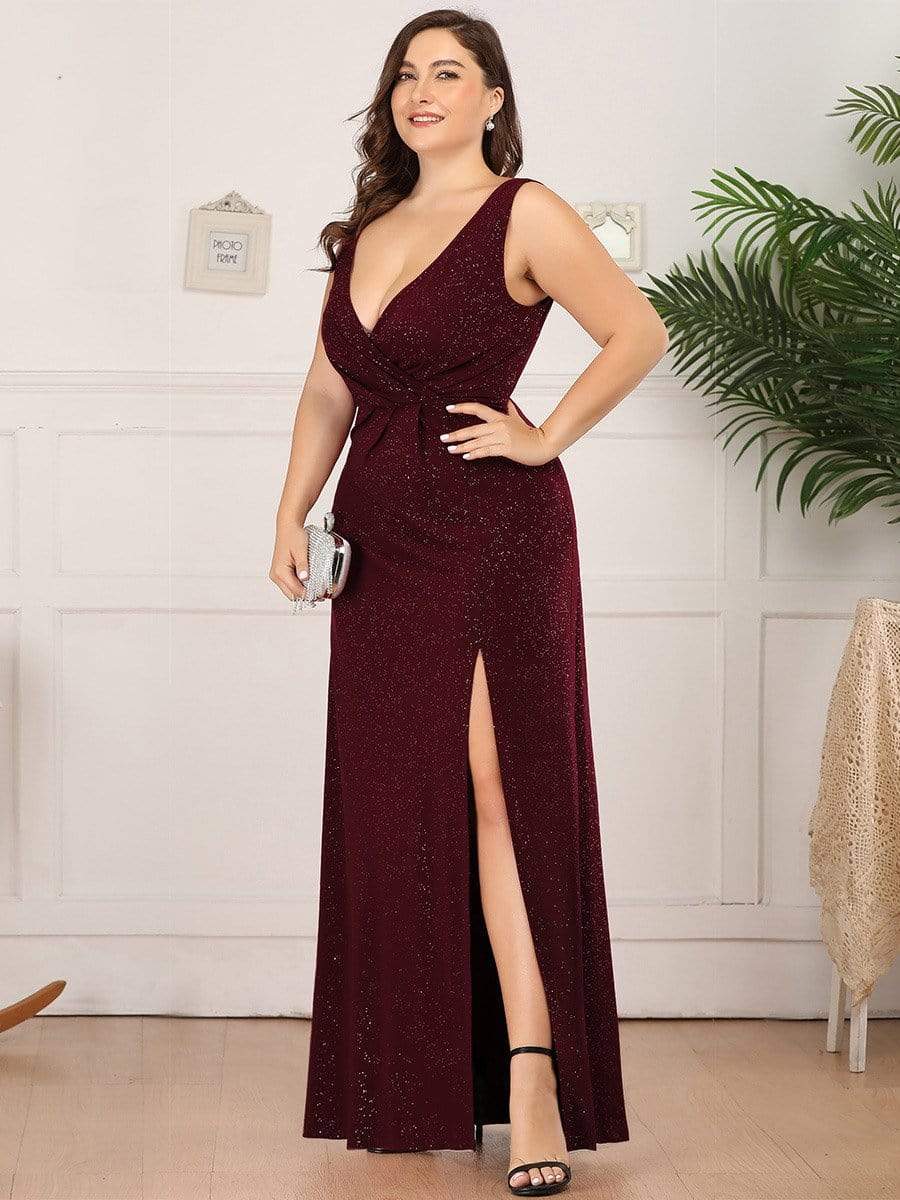 Plus Size Shiny V Neck Side Slit Maxi Dress #color_Burgundy 