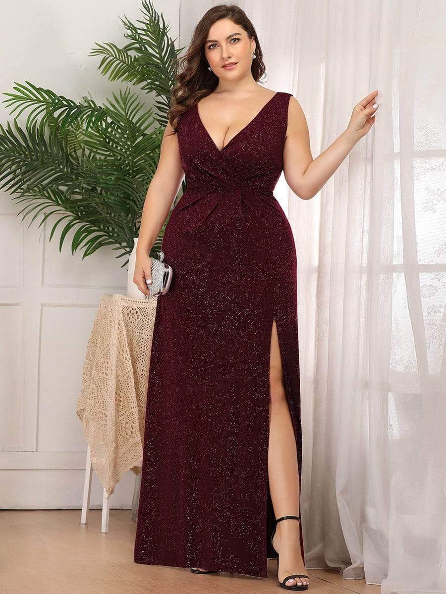 Plus Size Shiny V Neck Side Slit Maxi Dress #color_Burgundy 