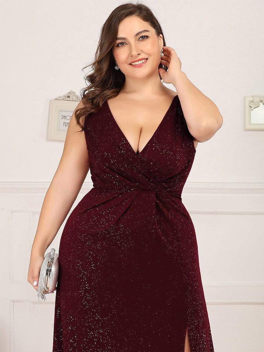 Plus Size Shiny V Neck Side Slit Maxi Dress #color_Burgundy 