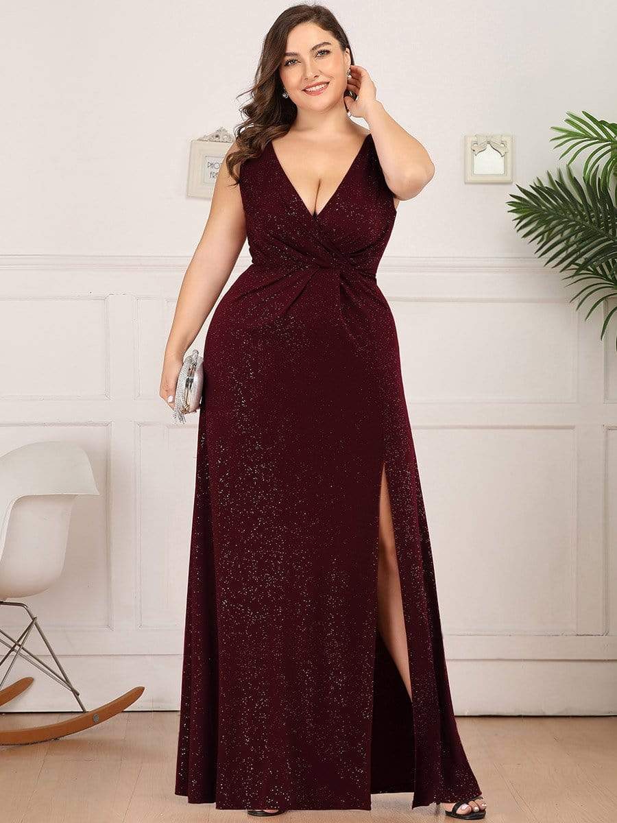 Plus Size Shiny V Neck Side Slit Maxi Dress #color_Burgundy 