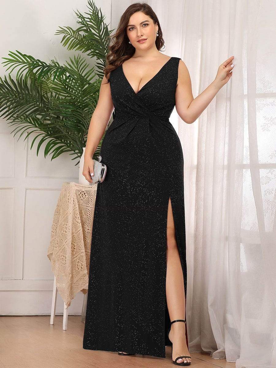 Plus Size Shiny V Neck Side Slit Maxi Dress #color_Black 