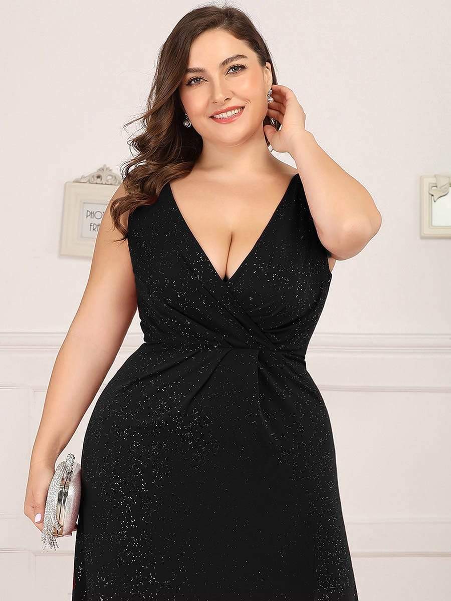 Plus Size Shiny V Neck Side Slit Maxi Dress #color_Black 