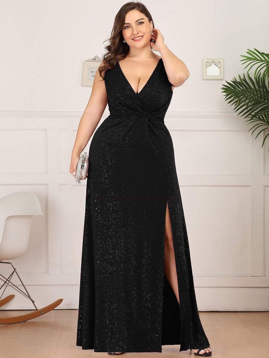 Plus Size Shiny V Neck Side Slit Maxi Dress #color_Black 