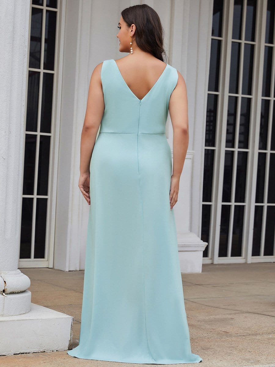 Plus Size Shiny V Neck Side Slit Maxi Dress #color_Sky Blue 