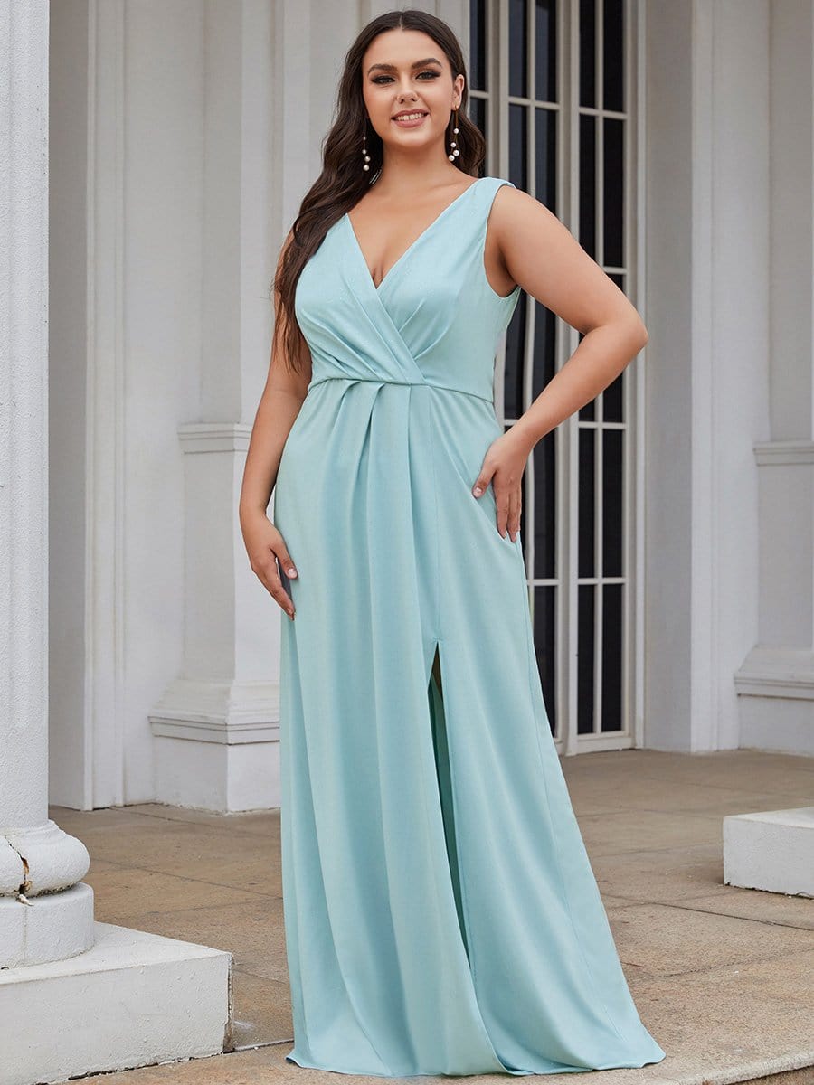 Plus Size Shiny V Neck Side Slit Maxi Dress #color_Sky Blue 