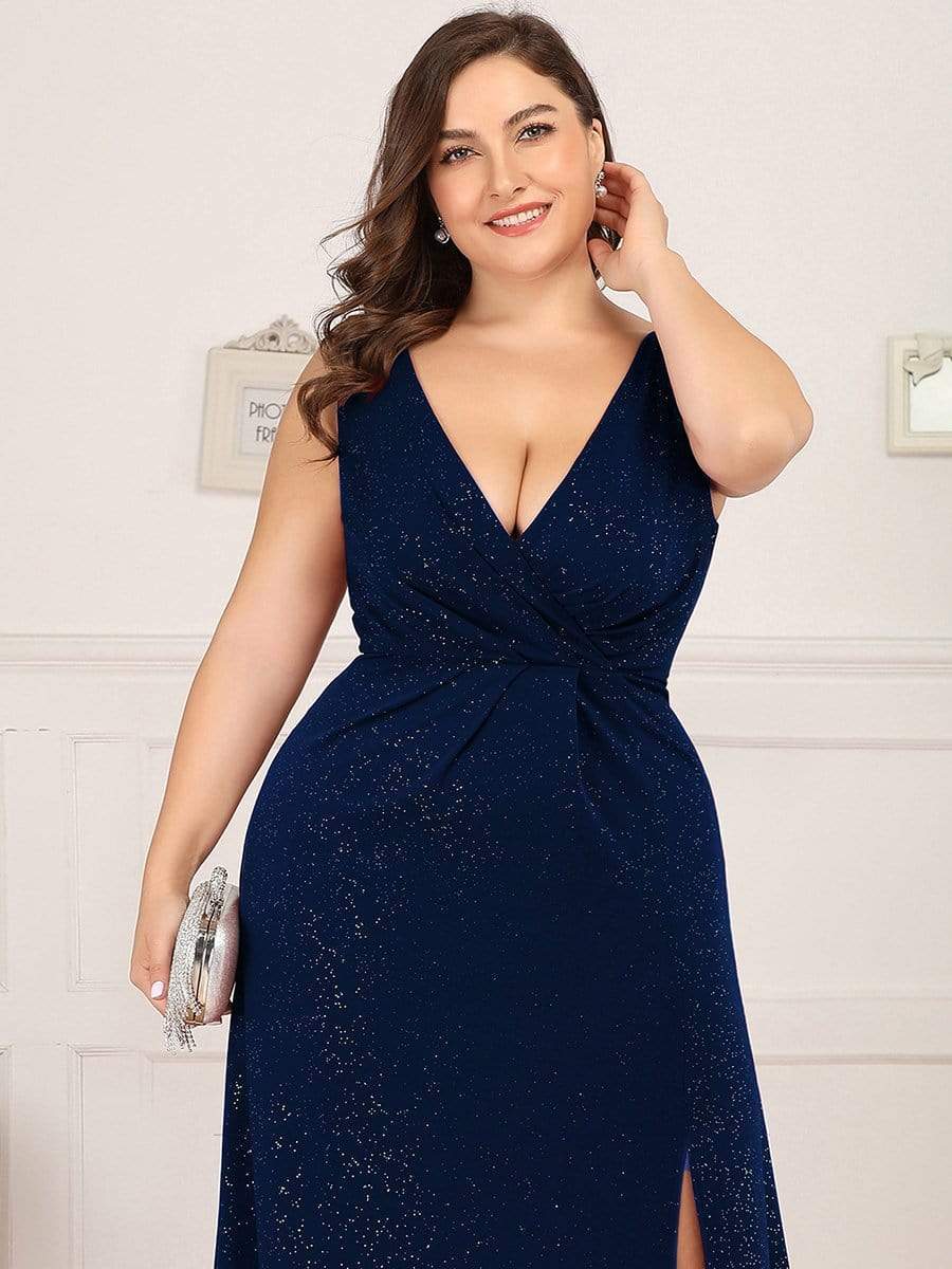 Plus Size Shiny V Neck Side Slit Maxi Dress #color_Navy Blue 