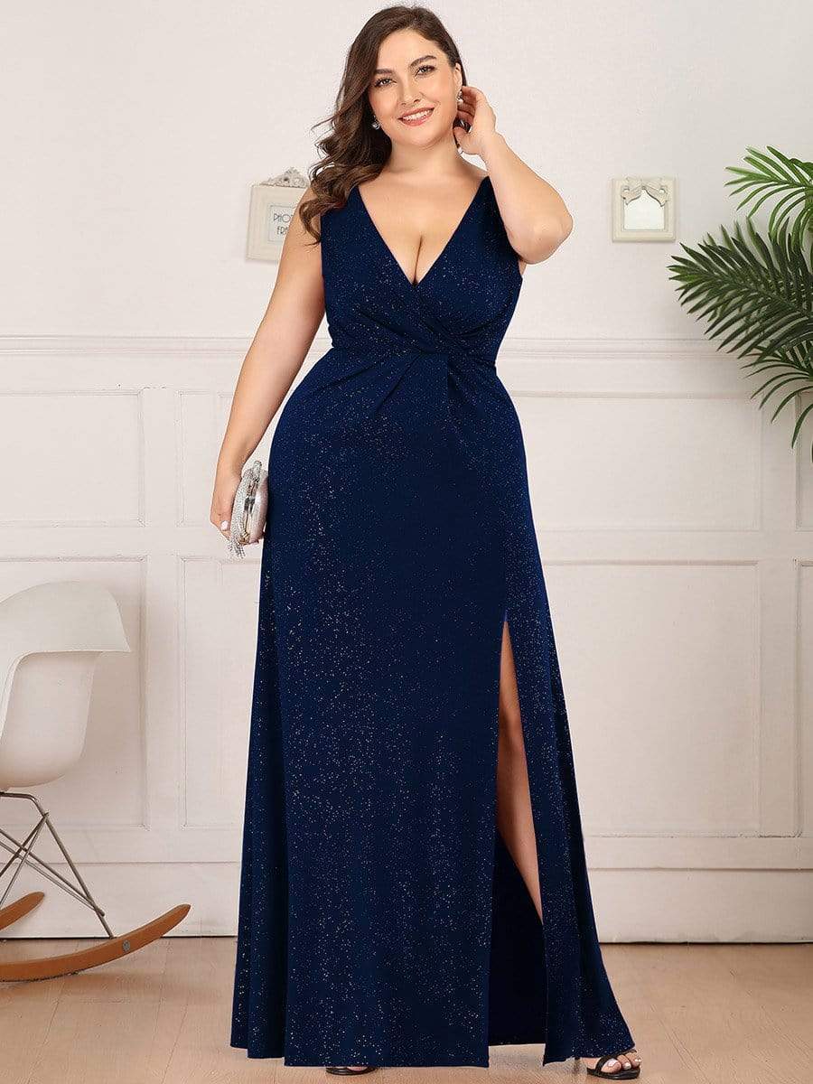 Plus Size Shiny V Neck Side Slit Maxi Dress #color_Navy Blue 