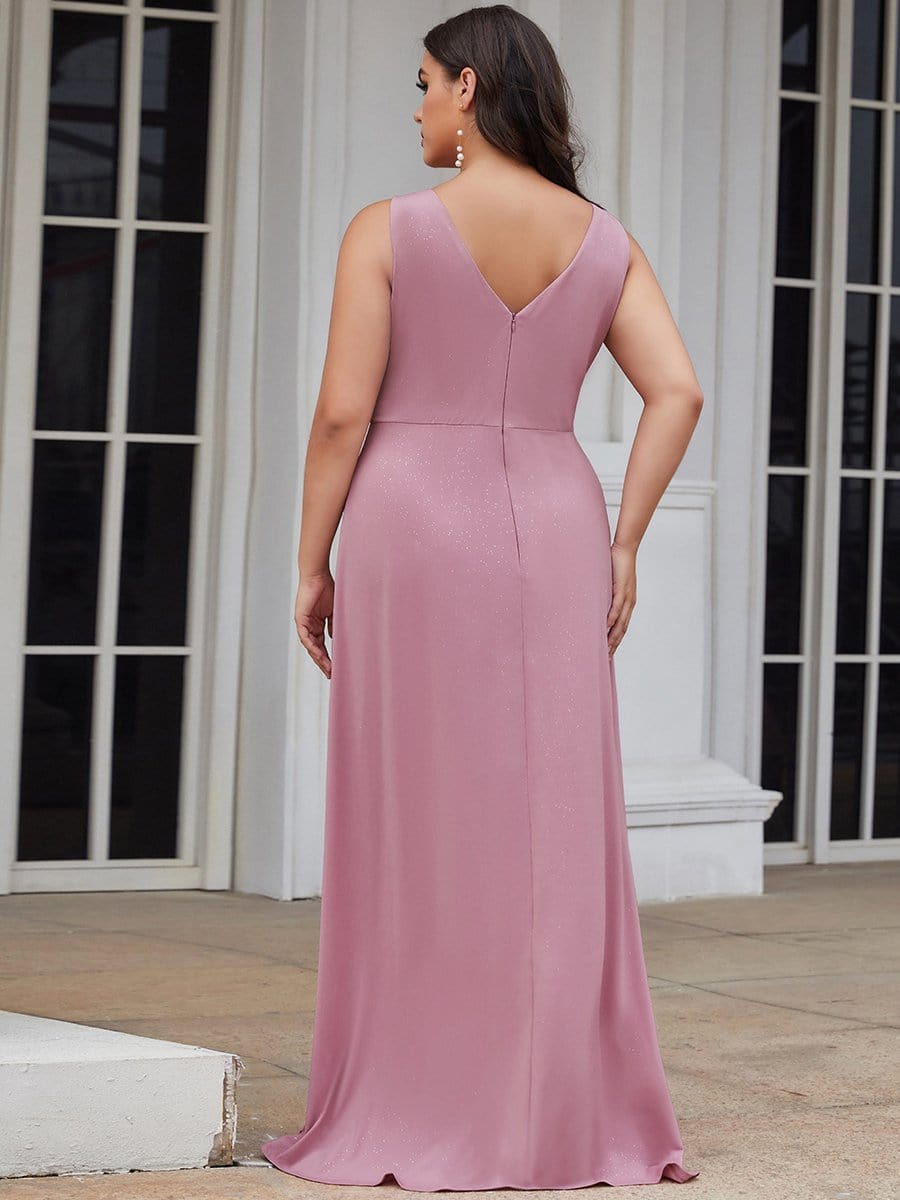 Plus Size Shiny V Neck Side Slit Maxi Dress #color_Purple Orchid 