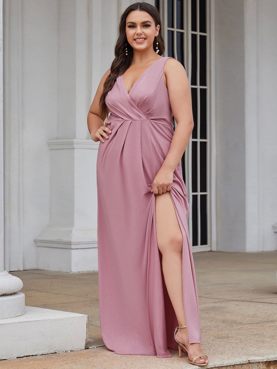 Plus Size Shiny V Neck Side Slit Maxi Dress #color_Purple Orchid 