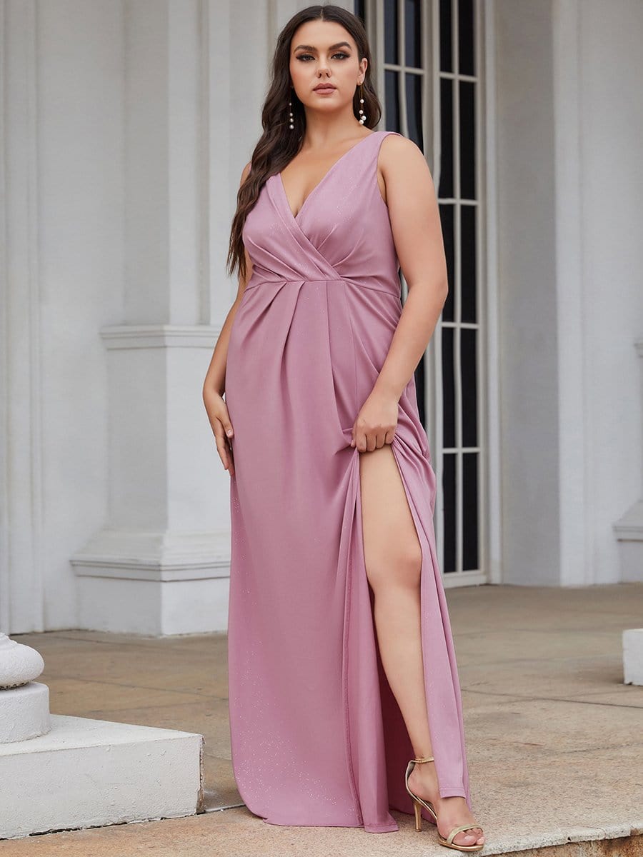 Plus Size Shiny V Neck Side Slit Maxi Dress #color_Purple Orchid 