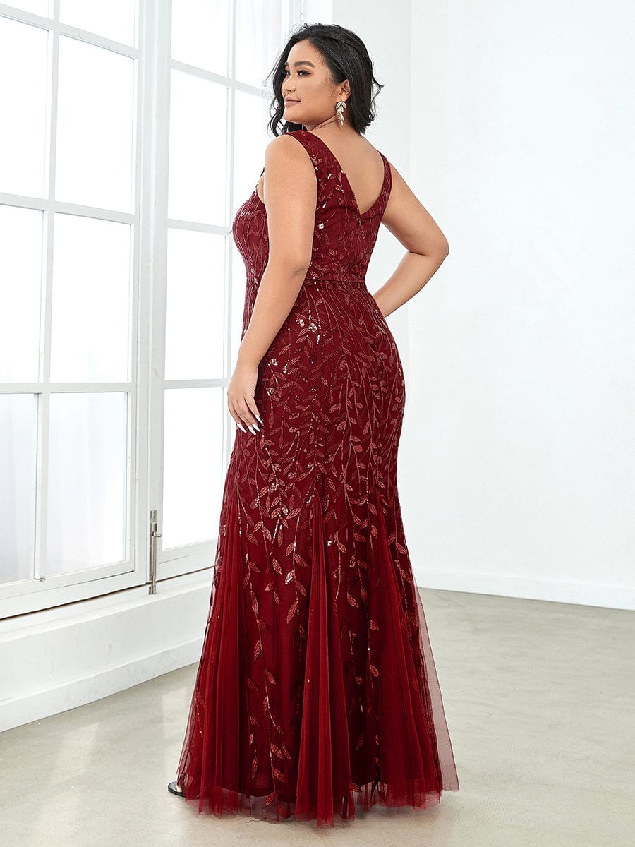 Plus Size V-Neck Sequin Bodycon Tulle Maxi Dress #color_Burgundy