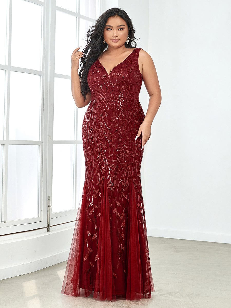 Plus Size V-Neck Sequin Bodycon Tulle Maxi Dress #color_Burgundy