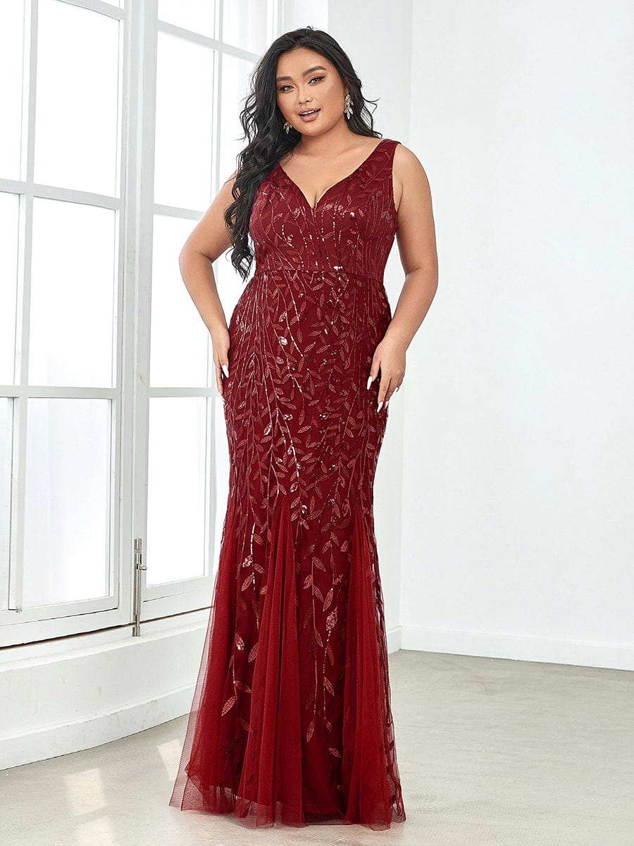 Plus Size V-Neck Sequin Bodycon Tulle Maxi Dress #color_Burgundy