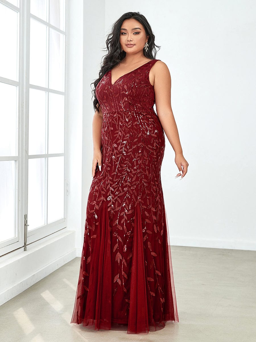 Plus Size V-Neck Sequin Bodycon Tulle Maxi Dress #color_Burgundy