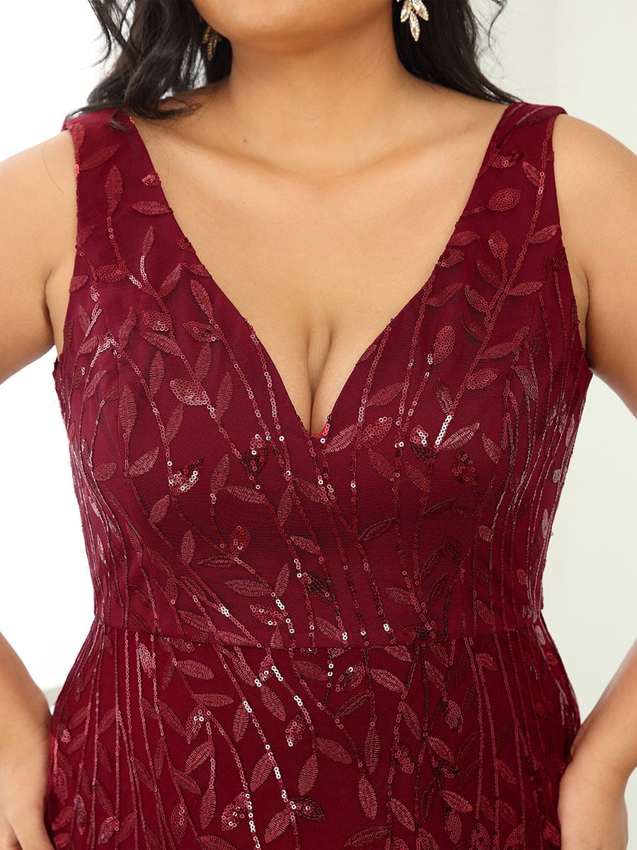 Plus Size V-Neck Sequin Bodycon Tulle Maxi Dress #color_Burgundy