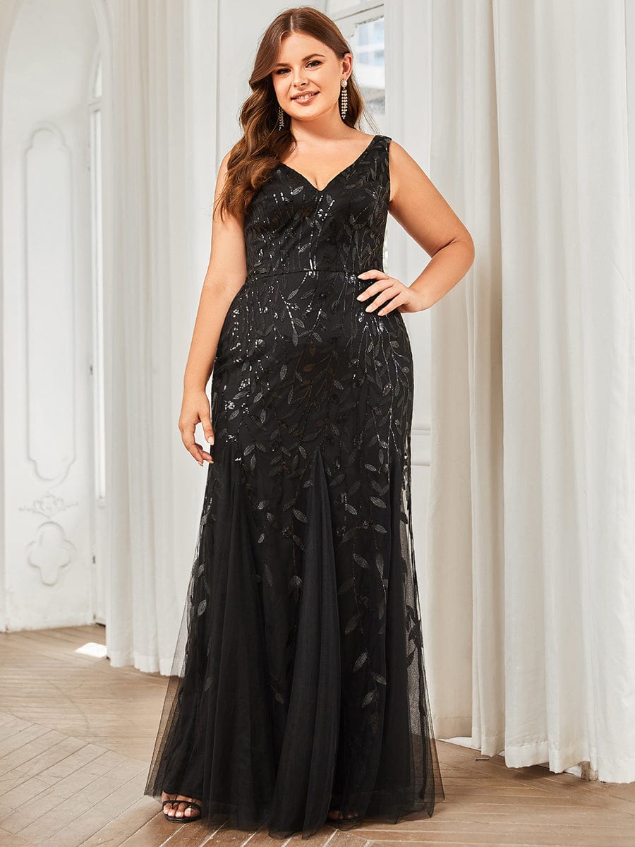 Plus Size V-Neck Sequin Bodycon Tulle Maxi Dress #color_Black