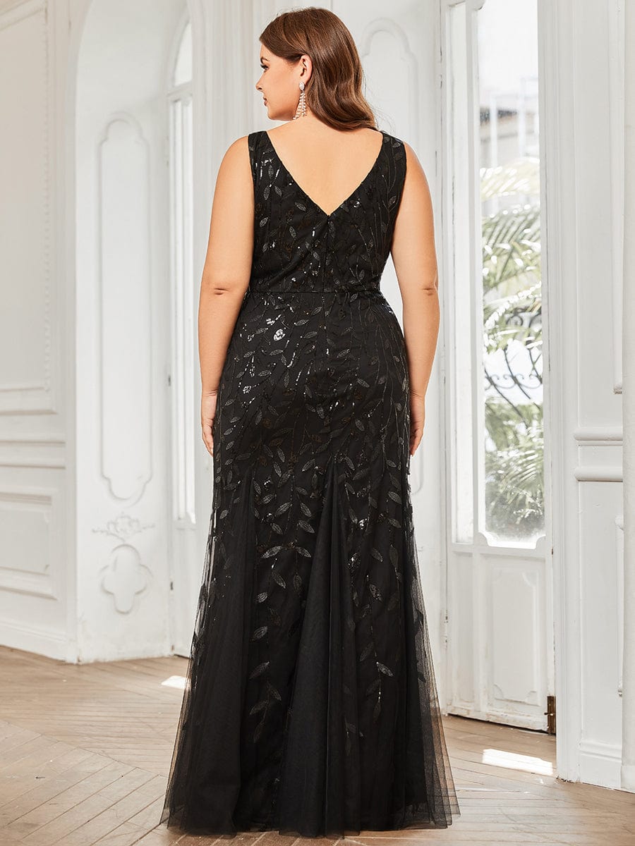 Plus Size V-Neck Sequin Bodycon Tulle Maxi Dress #color_Black