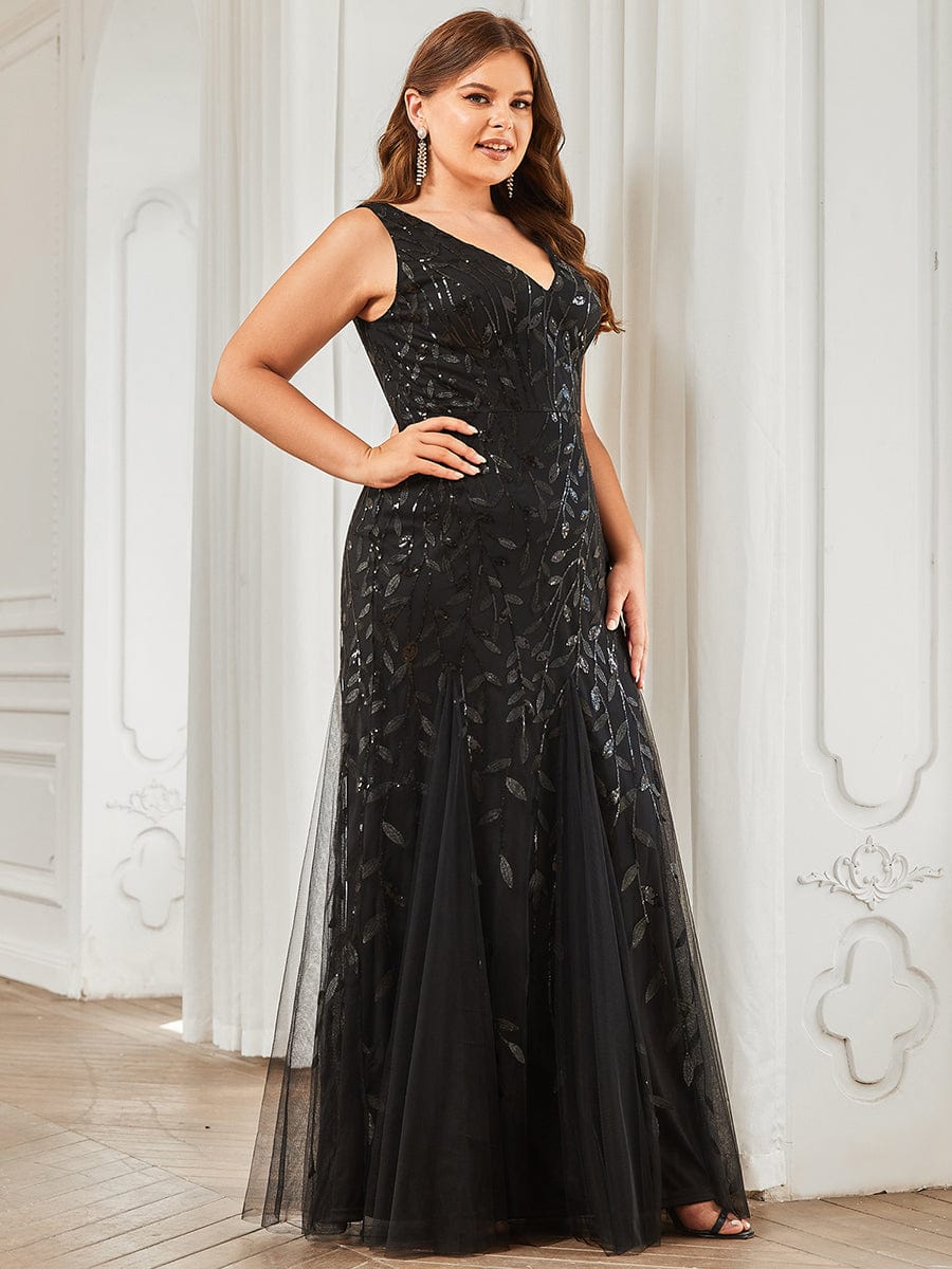 Plus Size V-Neck Sequin Bodycon Tulle Maxi Dress #color_Black