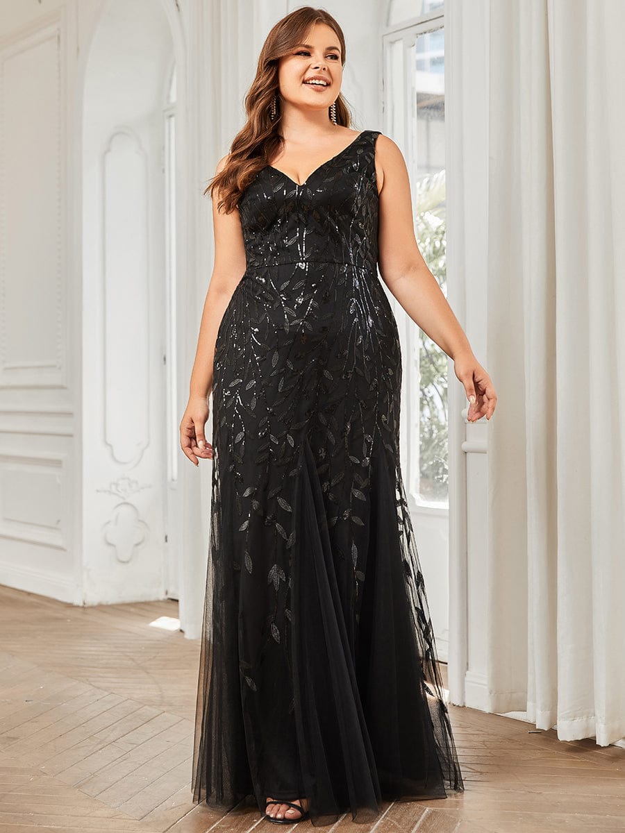 Plus Size V-Neck Sequin Bodycon Tulle Maxi Dress #color_Black