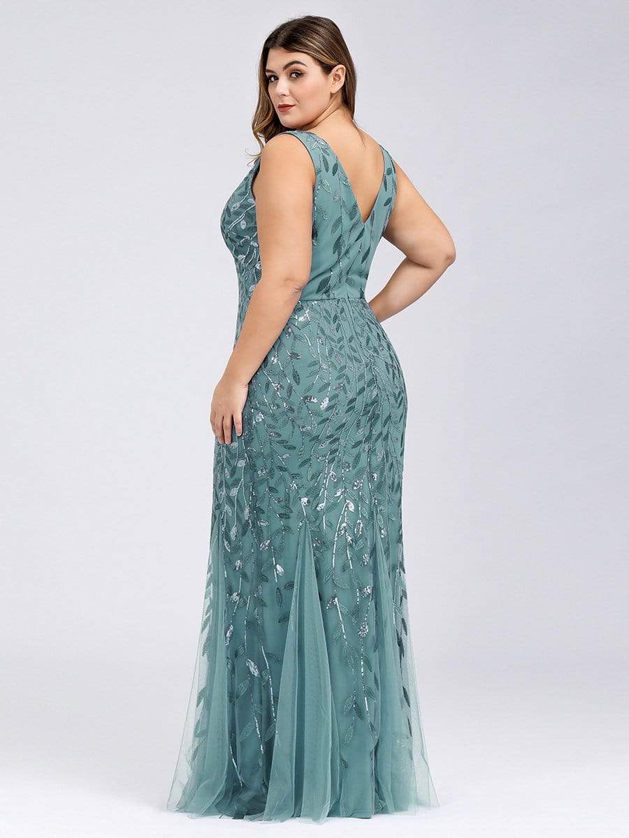 Plus Size V-Neck Sequin Bodycon Tulle Maxi Dress #color_Light Teal