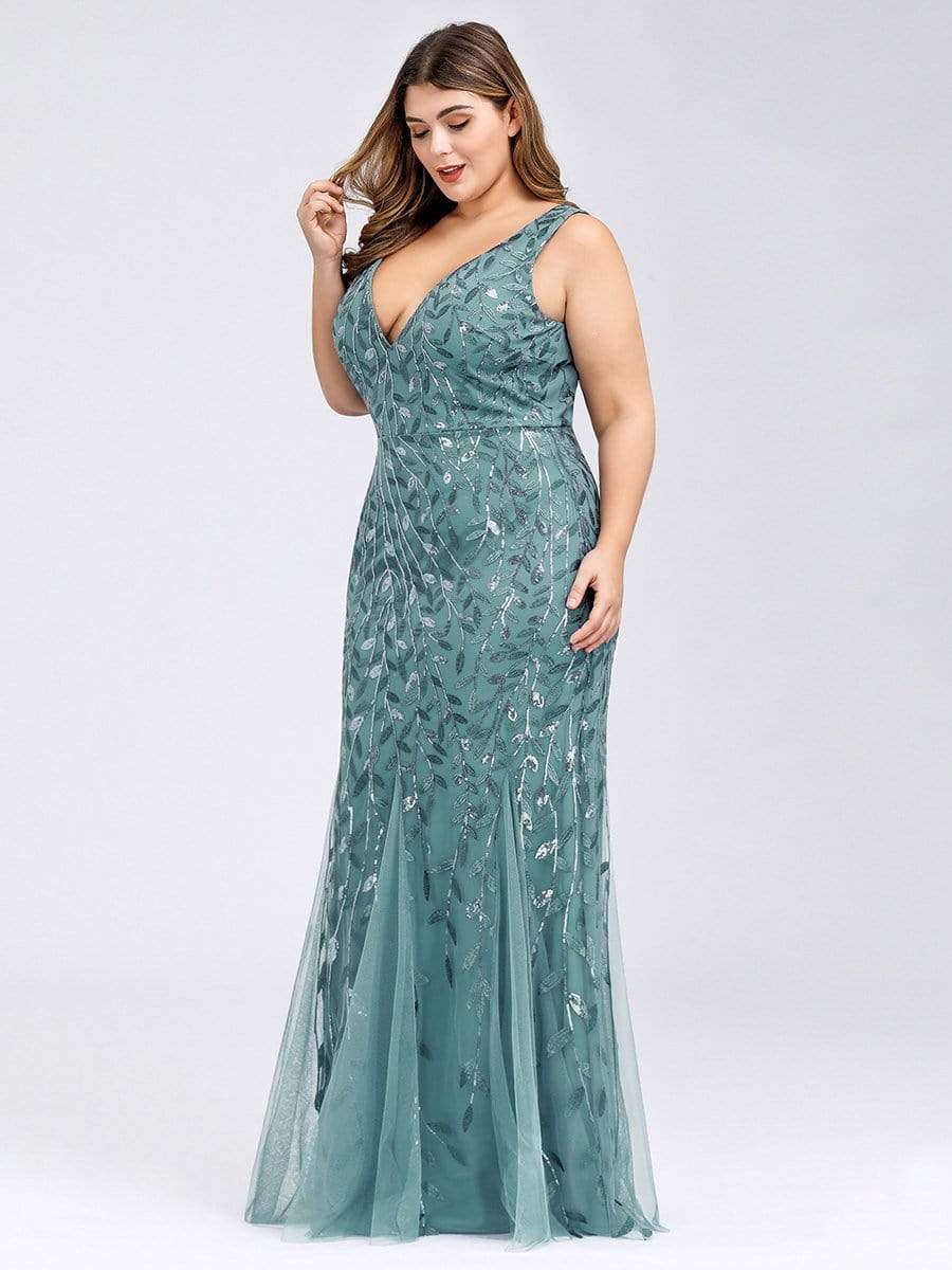 Plus Size V-Neck Sequin Bodycon Tulle Maxi Dress #color_Light Teal