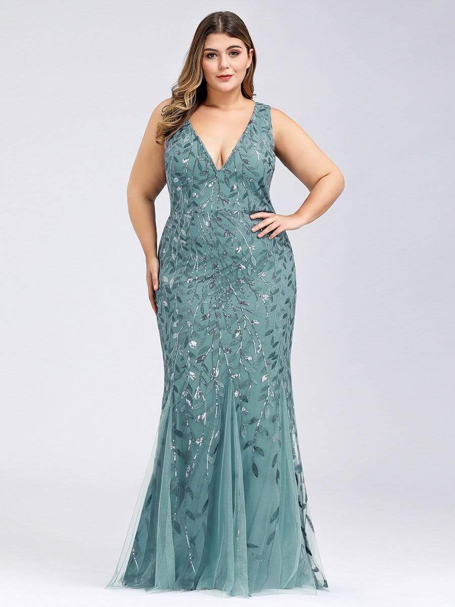 Plus Size V-Neck Sequin Bodycon Tulle Maxi Dress #color_Light Teal