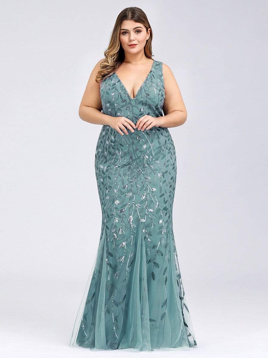 Plus Size V-Neck Sequin Bodycon Tulle Maxi Dress #color_Light Teal