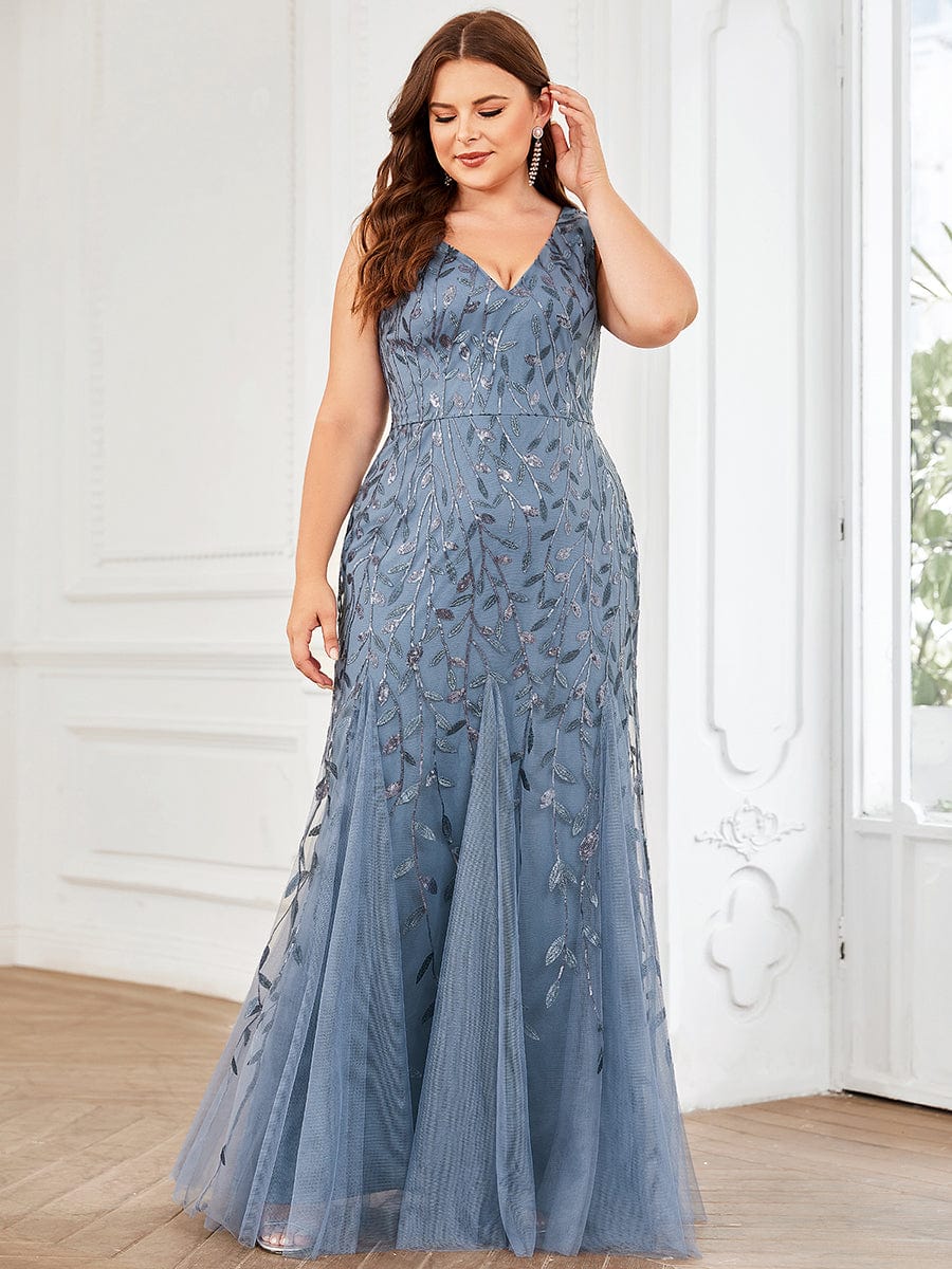 Plus Size V-Neck Sequin Bodycon Tulle Maxi Dress #color_Dusty Blue