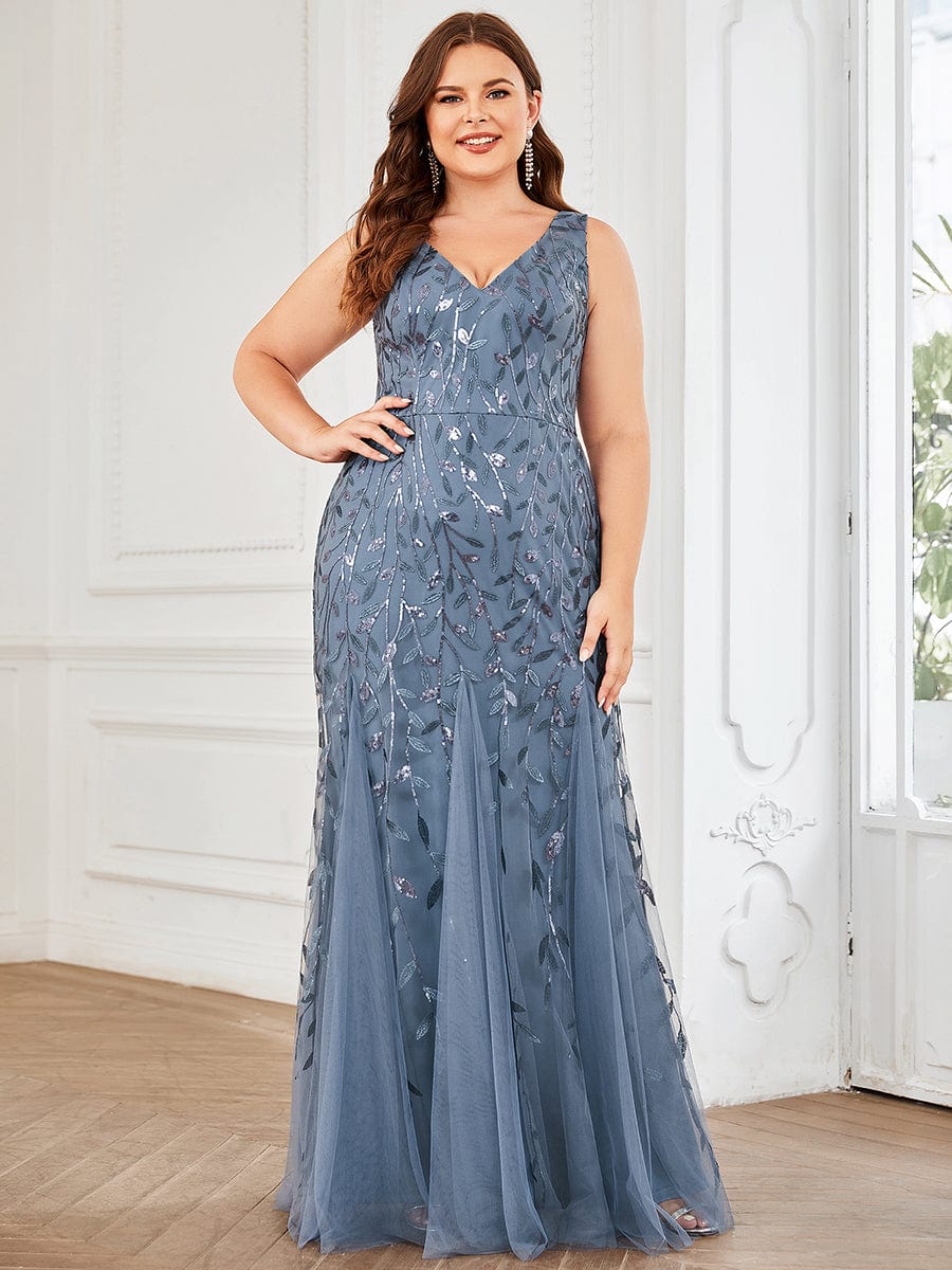 Plus Size V-Neck Sequin Bodycon Tulle Maxi Dress #color_Dusty Blue