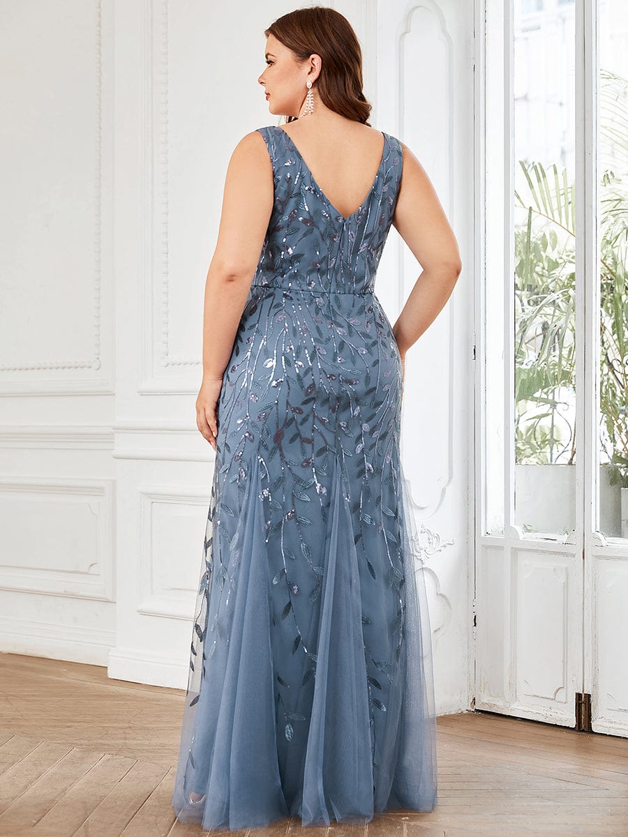 Plus Size V-Neck Sequin Bodycon Tulle Maxi Dress #color_Dusty Blue