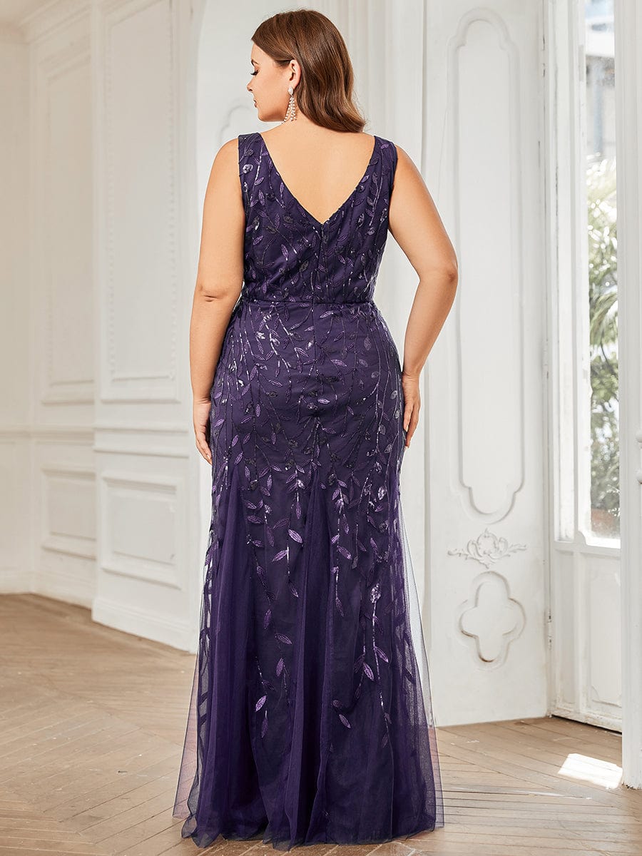 Plus Size V-Neck Sequin Bodycon Tulle Maxi Dress #color_Dark Purple