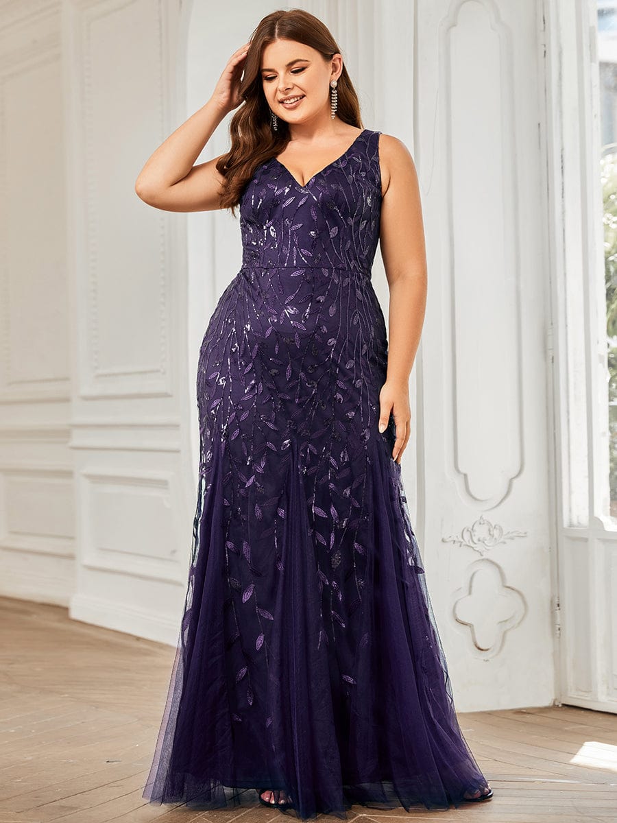 Plus Size V-Neck Sequin Bodycon Tulle Maxi Dress #color_Dark Purple